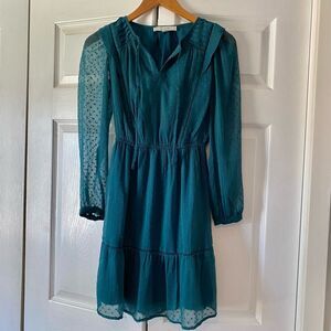 LOFT Teal Green Long Sleeve Dress with Gathered Waist, Size XXS Petite